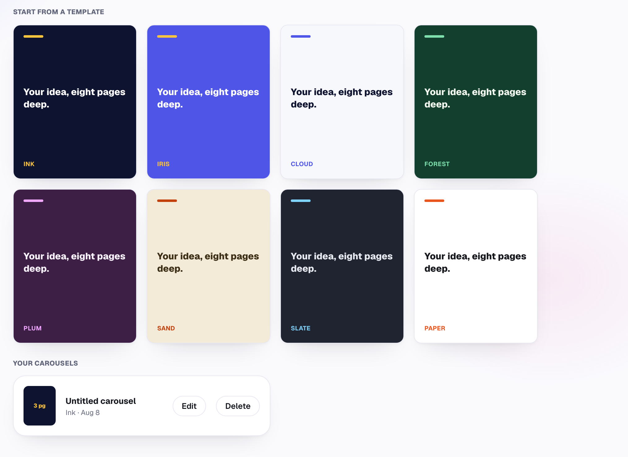 The carousel maker showing eight style templates and a saved three-page carousel.