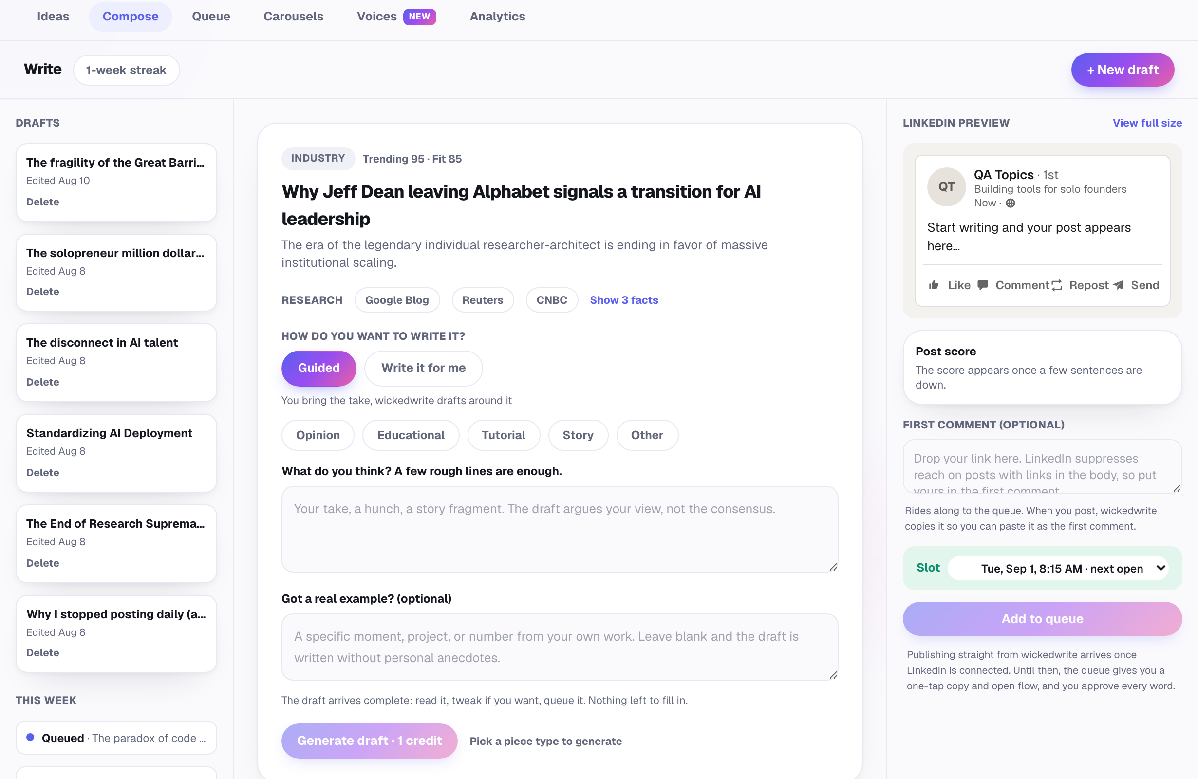 The Compose editor: cited research sources, the Guided and Write-it-for-me two-mode toggle, piece-type chips, and the LinkedIn preview with best-time queue.