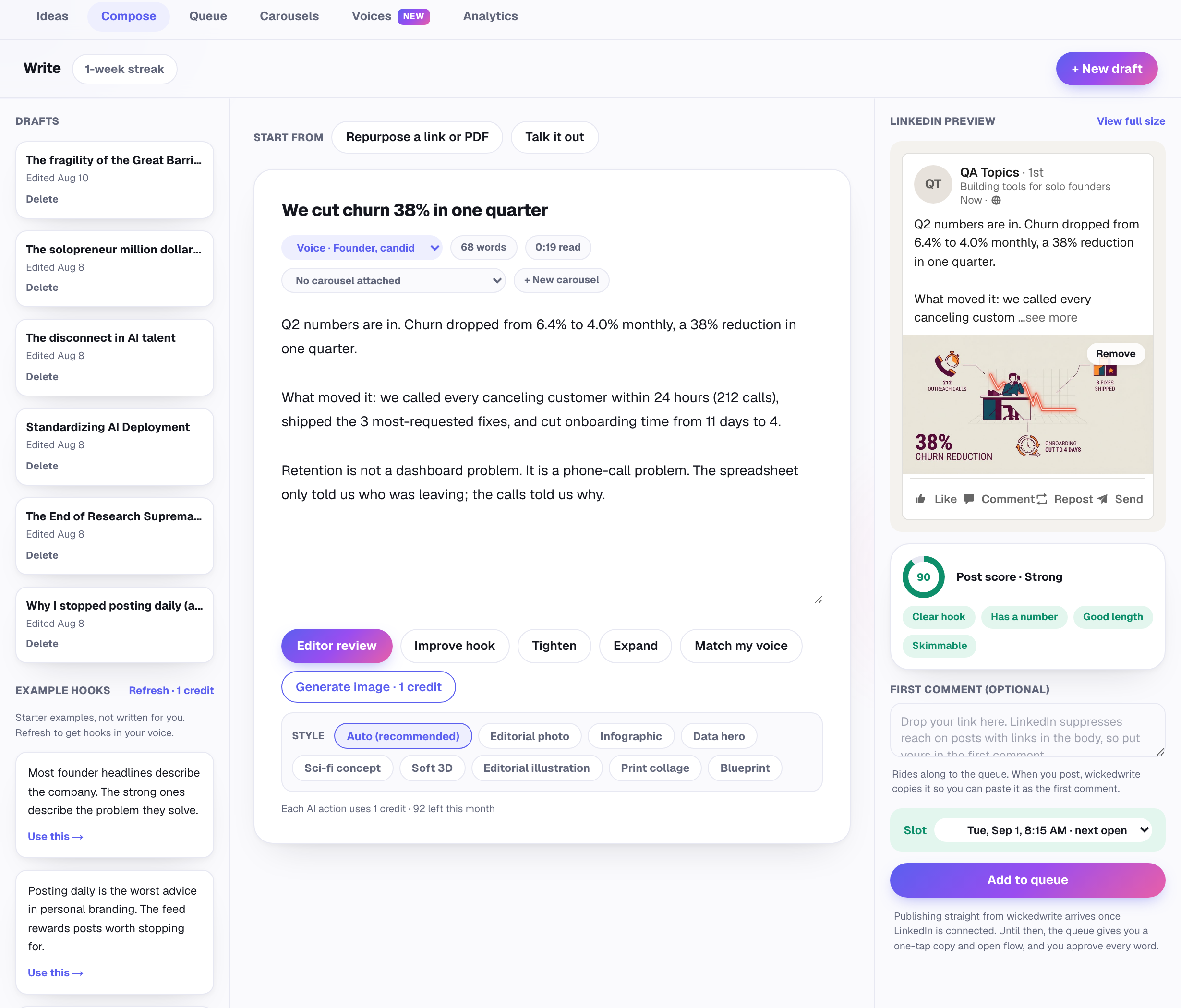 wickedwrite Compose: a churn draft with an AI-generated infographic in the LinkedIn preview, a Post score of 90 Strong, and the eight-style image picker.