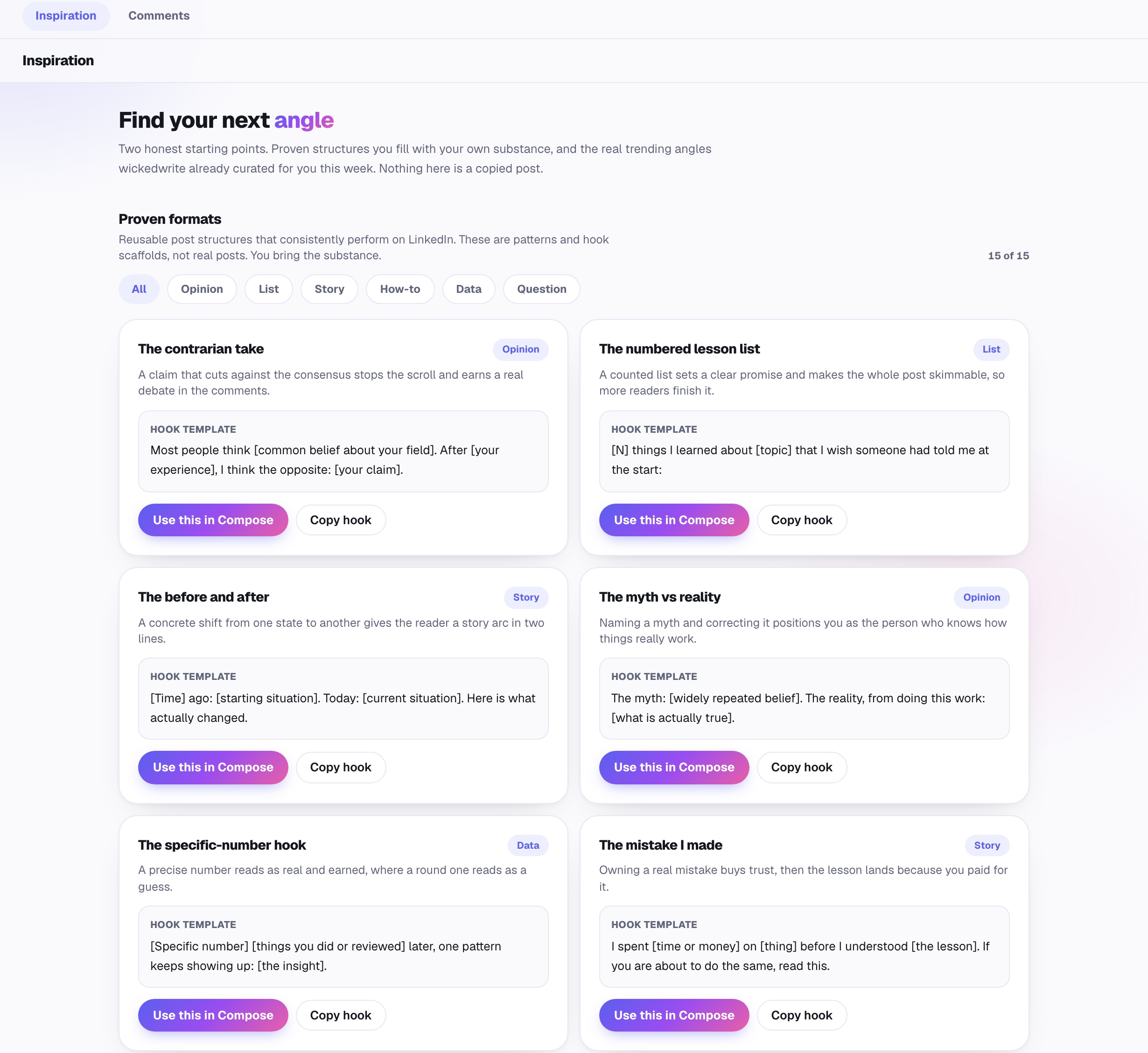 The Engage Inspiration dashboard: proven post formats with hook templates and filter tabs.