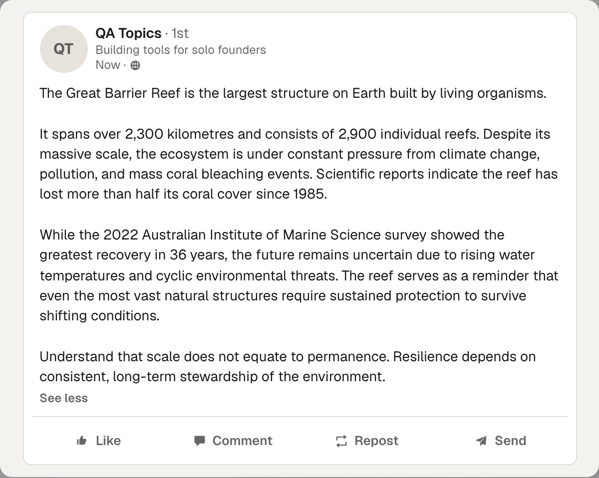 A faithful full-size LinkedIn preview of a real drafted post with the Like, Comment, Repost, and Send bar.